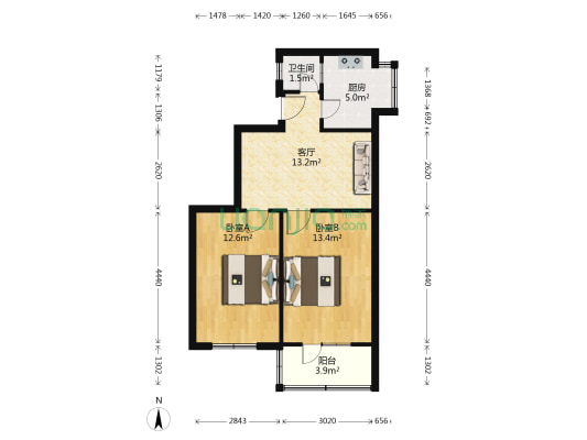 中心医院宿舍 2室1厅1卫 63平方