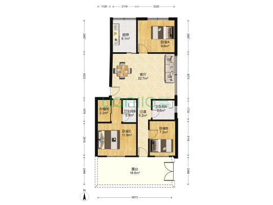 钱王街374号 3室1厅2卫 94平方