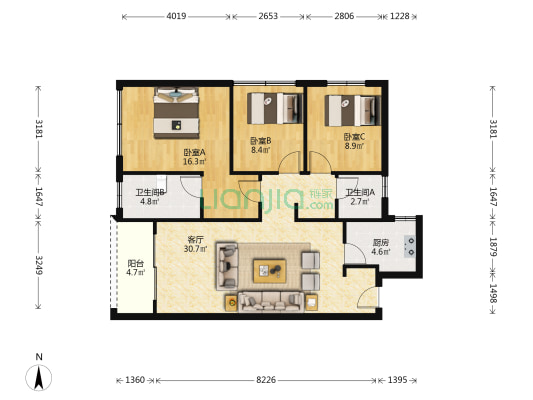 卓越蔚蓝海岸七期 3室1厅2卫 96平方