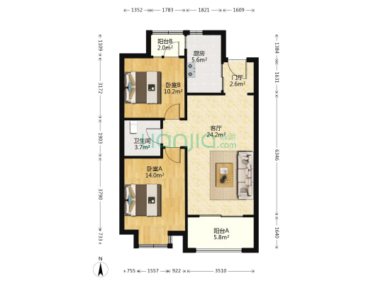 青岛印象畔 2室1厅1卫 87平方