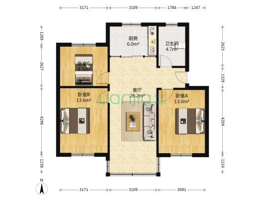 龙景花苑六区 3室1厅1卫 90平方