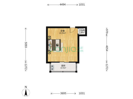 安静二胡同 1室0厅1卫 32平方