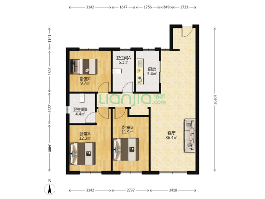 中海盛世城B区文承府 3室1厅2卫 109平方
