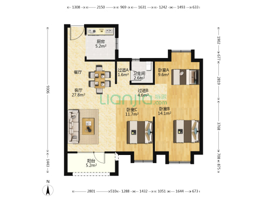 城投瀚城璞岸 3室1厅1卫 101平方