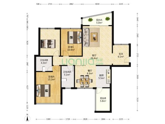 江南華府 2室2厅2卫 121平方