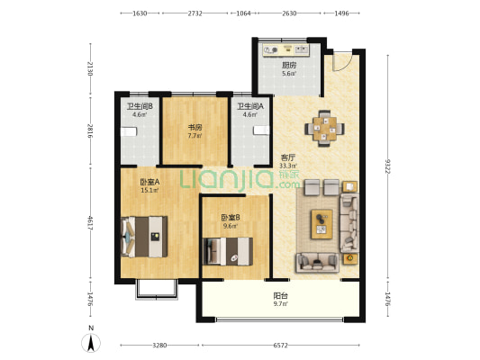 万达·天空之城 3室1厅2卫 124平方