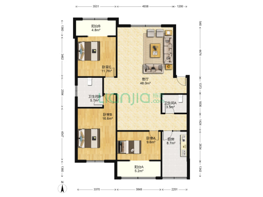 崇阳街道北郊社区荣校家属院 3室1厅2卫 135平方