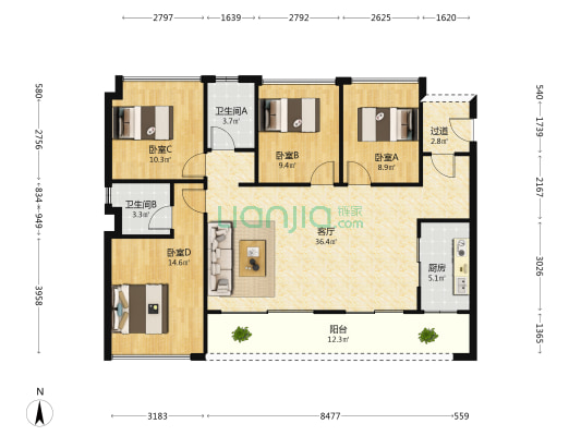 合生湖山国际7期珑境 4室1厅2卫 119平方