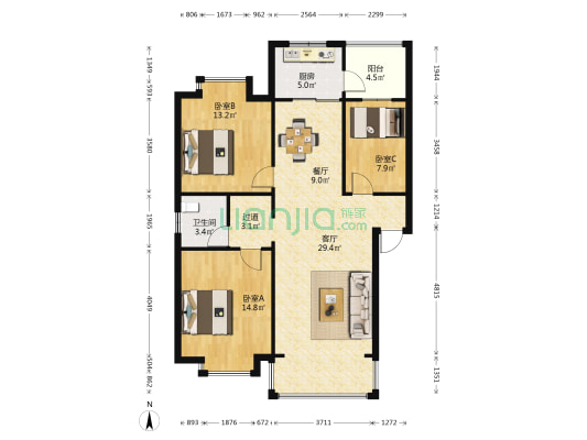 美丽新世界林间花语 3室2厅1卫 103平方