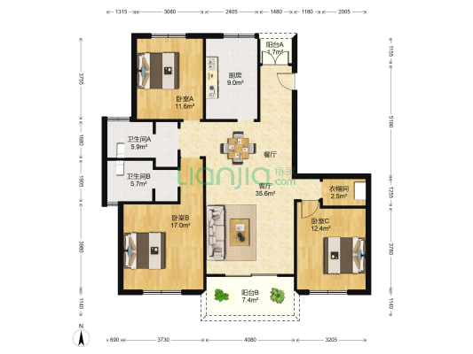 金通家园 3室1厅2卫 139平方
