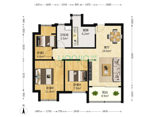 中城誉品南区 3室1厅1卫 88平方