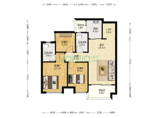旭辉江山二期 3室1厅2卫 88平方