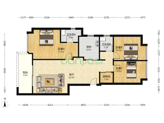 万科锦园 3室1厅2卫 105平方