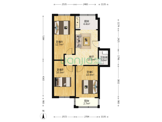 一环路北一段238号 3室1厅1卫 63平方