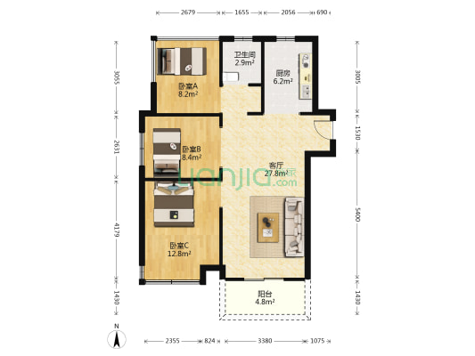 远洋心里 3室1厅1卫 93平方