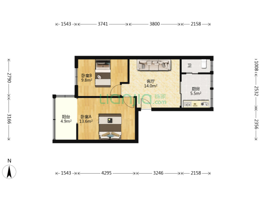 十六中宿舍 2室1厅1卫 56平方
