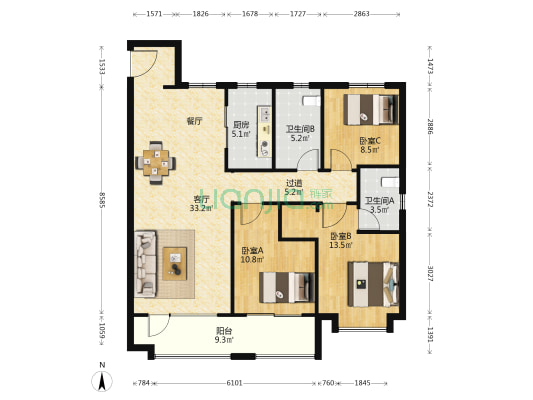 世茂璀璨天城 3室1厅2卫 128平方