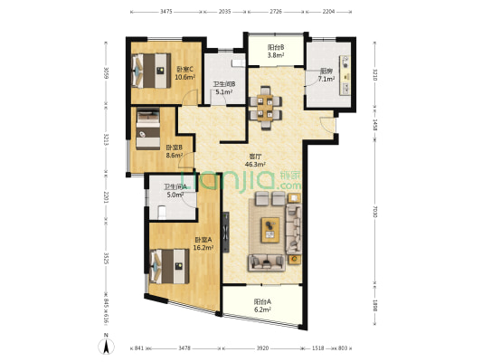 海信都市华彩 3室1厅2卫 146平方