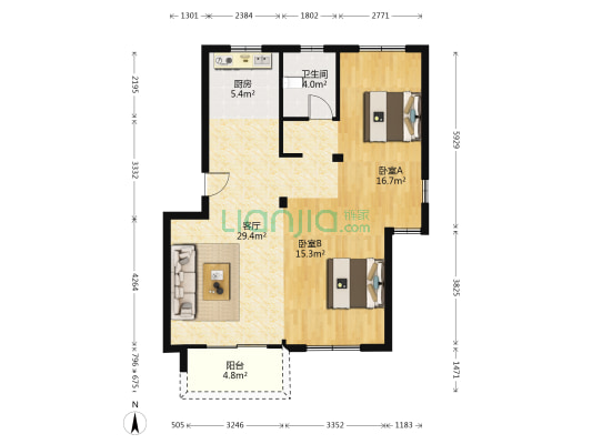 美凯国际寓所 2室1厅1卫 89平方