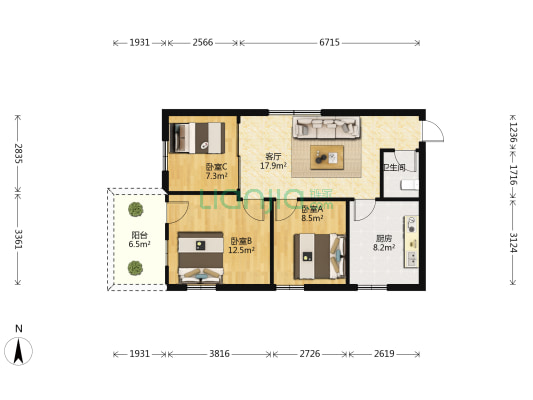 行政学院单位宿舍 3室1厅1卫 85平方