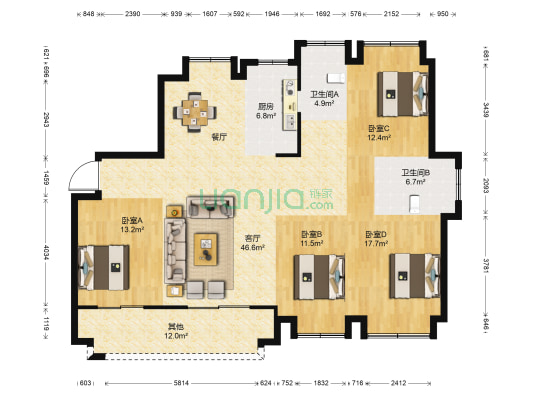 贵安新天地贵府苑 4室1厅2卫 150平方