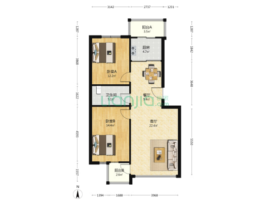 锦绣台山小筑 2室2厅1卫 86平方