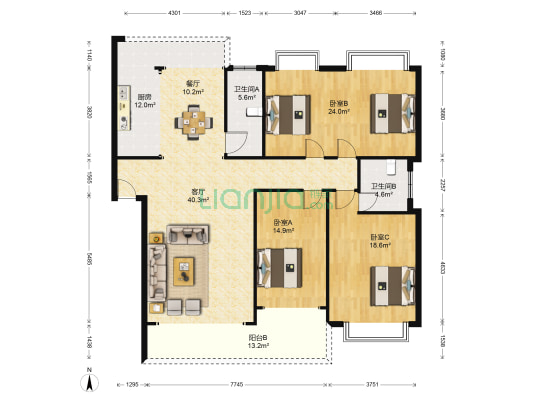 联通瑞丽园 3室2厅2卫 158平方