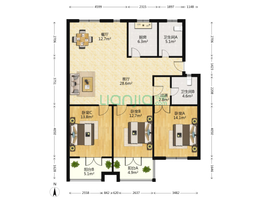河畔花园 3室2厅2卫 129平方