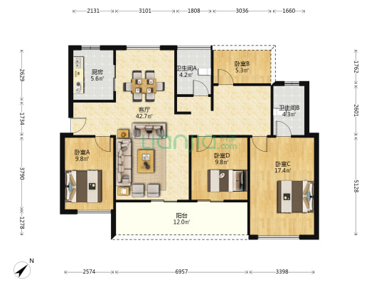 未来花园 4室1厅2卫 130平方