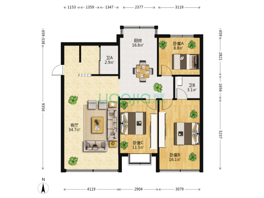 如安街58号 3室1厅2卫 100平方