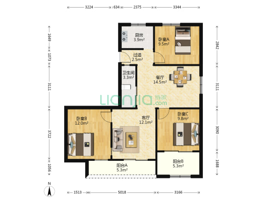 涵光路 3室2厅1卫 91平方