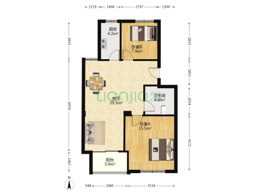 湘湖家园 2室1厅1卫 80平方