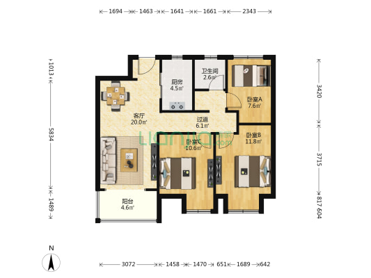 新力上园 3室1厅1卫 89平方