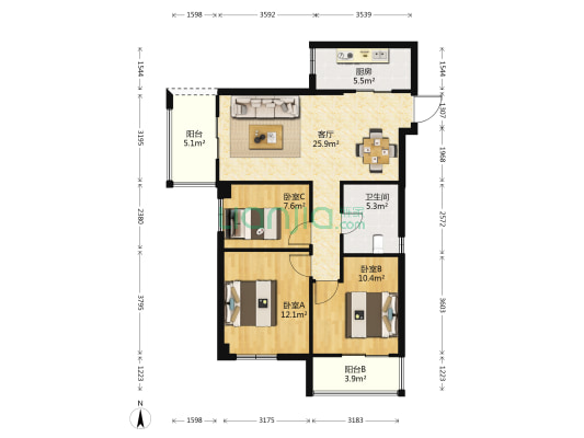 凤湖新城二区 3室1厅1卫 91平方