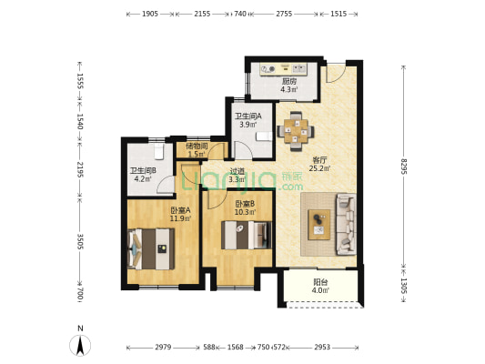 融创澜臻园 2室1厅2卫 93平方