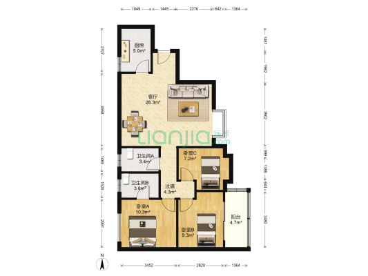 老干中心大院 3室1厅2卫 99平方