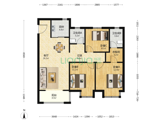 森林红郡 3室1厅2卫 116平方
