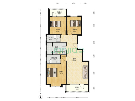 洋房边户大三居 一梯两户 南北通透 双明卫 全明格-户型图