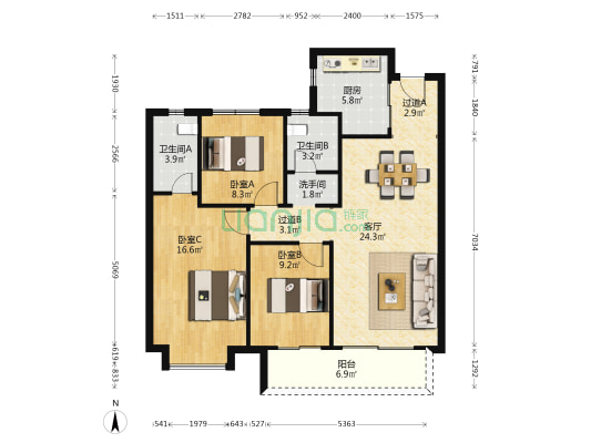 中国铁建湘语梅溪 3室1厅3卫 109平方