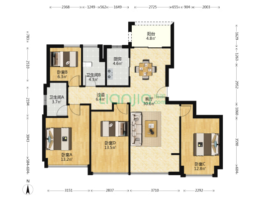 柳岸晓风 4室1厅2卫 129平方