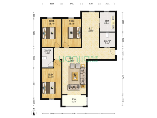 虹达小区 3室2厅2卫 153平方