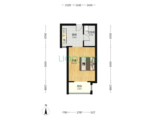 惠友万悦城，带装修一居室，可拎包入住-户型图