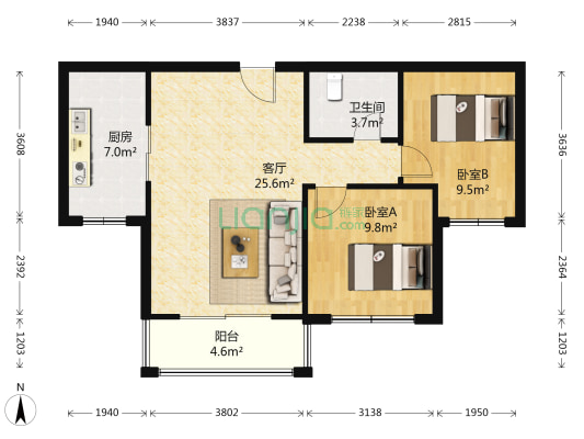 天竺嘉园 2室1厅1卫 88平方