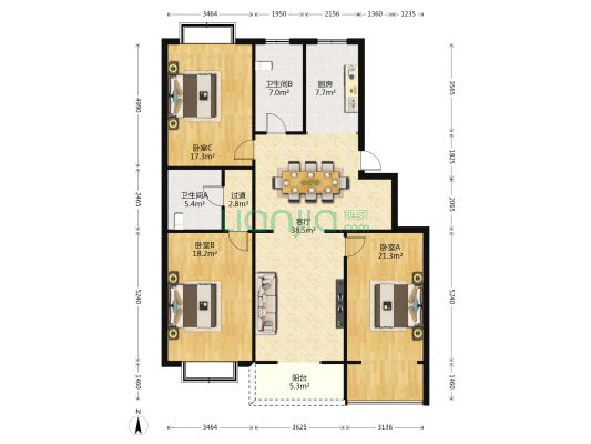 天工花苑 3室1厅2卫 144平方