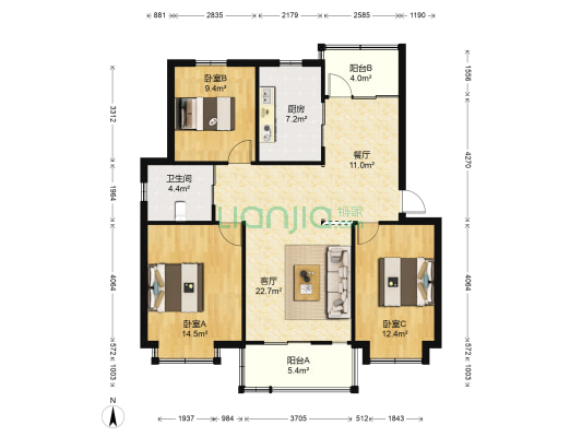 上海嘉苑 3室2厅1卫 102平方