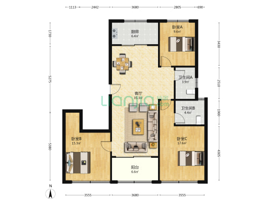 时代滨江上品揽江园 3室1厅2卫 129平方