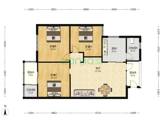 紫荆花园 3室1厅2卫 117平方