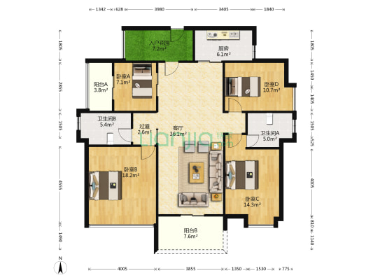 中海凯旋城二期 4室1厅2卫 135平方