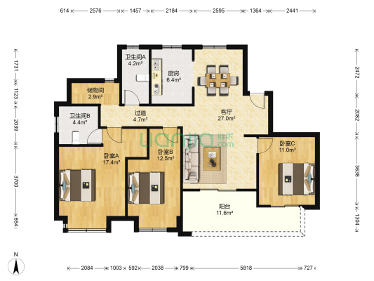 杭房悦东方 3室1厅2卫 139平方