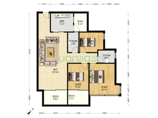 大唐京典公馆 3室1厅2卫 118平方